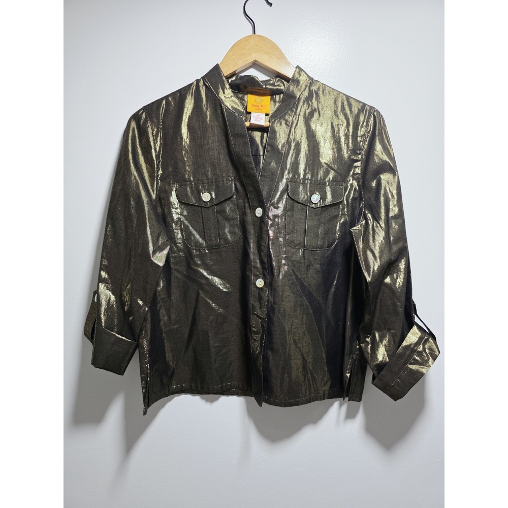 Ruby Rd Petite Women's Blouse Metallic Gold Button Up Top Pockets Size 10P